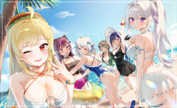 6+girls :d :o ;) ;d absurdres ahoge arm_strap arm_up armpits ass back bare_shoulders beach bead_bracelet beads bikini bikini_skirt black_bikini black_bow black_choker black_dress black_one-piece_swimsuit black_ribbon blonde_hair blue_eyes blue_hair blue_one-piece_swimsuit blue_sky blush bow bracelet breasts brown_hair choker cleavage cloud criss-cross_halter day dress dutch_angle food-themed_hat frilled_bikini frilled_one-piece_swimsuit frills gosegu gradient_nails green_eyes green_shirt grey_hair hair_bow hair_flaps hair_intakes hair_ornament hair_over_shoulder hair_ribbon hairclip halterneck hamburger_hat hand_on_another&#039;s_shoulder hat heart heart-shaped_pupils highres horizon ine_(vtuber) innertube jewelry jingburger jururu k2h large_breasts lilpa long_hair looking_at_viewer looking_back low_twintails medium_breasts midriff miniskirt multi-strapped_bikini_bottom multicolored_hair multiple_girls navel o-ring o-ring_bikini o-ring_top ocean one-piece_swimsuit one_eye_closed open_clothes open_mouth open_shirt orange_eyes orange_nails outdoors palm_tree plaid_clothes plaid_dress pleated_skirt polka_dot polka_dot_swimsuit ponytail purple_bikini purple_eyes purple_hair red_eyes ribbon scrunchie see-through_clothes see-through_skirt shirt shore short_hair side-tie_bikini_bottom skirt sky slippers smile streaked_hair sun_hat swim_ring swimsuit symbol-shaped_pupils taking_picture thigh_strap thighs thong_one-piece_swimsuit tree twintails very_long_hair viewfinder viichan virtual_youtuber w waktaverse water white_bikini white_hair white_hat white_ribbon white_shirt white_skirt wrist_scrunchie x_hair_ornament yellow_nails zipper_pull_tab