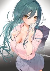 Rule 34 | 1girl, absurdres, bag, breasts, cleavage, collarbone, earrings, green hair, grey skirt, highres, holding, itohana, jewelry, large breasts, long hair, long sleeves, looking at viewer, orange eyes, original, outdoors, paper, pink shirt, school bag, shirt, simple background, skirt, sleeves rolled up, solo, taut clothes, taut shirt