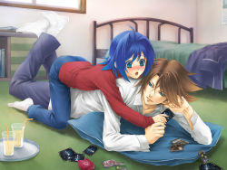 Rule 34 | 10s, 2boys, age difference, ahoge, bed, blue hair, blush, book, boy on top, brown hair, calendar (object), card, cardfight!! vanguard, clenched hands, unworn clothes, collared shirt, colored eyelashes, crossed legs, cup, dress shirt, drink, drinking glass, drinking straw, embarrassed, eye contact, flipped hair, full body, glass, green eyes, hair intakes, half-closed eyes, head rest, holding, holding card, indoors, kai toshiki, legs up, light smile, long sleeves, looking at another, lying, male focus, mr-gt, multiple boys, nose blush, on floor, on person, on stomach, onii-shota, open mouth, pants, pillow, ribbed sweater, sendou aichi, shirt, short hair, smile, socks, straddling, sweater, tray, white legwear, white shirt, wide-eyed, window, yaoi