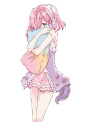 Rule 34 | 1girl, absurdres, animal ear headphones, animal ears, bad id, bad pixiv id, bare shoulders, blue eyes, commentary request, dog tail, dress, fake animal ears, flower, hair over one eye, headphones, highres, hugging object, kyou no cerberus, pillow, pillow hug, pink flower, pink hair, pink rose, purple dress, rose, roze (kyou no cerberus), shuiye ya mei, simple background, sleeveless, sleeveless dress, solo, strap slip, striped clothes, striped dress, tail, vertical-striped clothes, vertical-striped dress, white background