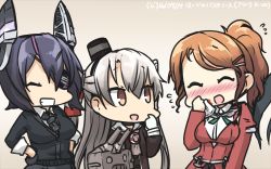 Rule 34 | 4girls, :d, amatsukaze (kancolle), aquila (kancolle), black hair, blush, checkered clothes, checkered neckwear, commentary request, dated, eyepatch, flying sweatdrops, food, food on face, gloves, grin, hair ornament, hair tubes, hairclip, hamu koutarou, handkerchief, headgear, high ponytail, highres, kantai collection, kasumi (kancolle), long hair, multiple girls, necktie, nose blush, open mouth, orange hair, rensouhou-kun, sauce, school uniform, serafuku, short hair, silver hair, smile, tenryuu (kancolle), two side up