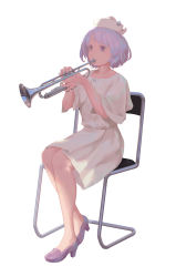 Rule 34 | 1girl, alternate costume, backlighting, chair, contemporary, dress, full body, hat, instrument, jq, looking away, merlin prismriver, music, no socks, on chair, playing instrument, purple eyes, purple footwear, purple hair, shoes, short hair, short sleeves, simple background, sitting, solo, touhou, trumpet, white background, white dress, white hat