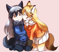 Rule 34 | 10s, 2girls, animal ears, black gloves, black hair, black neckwear, black pantyhose, black skirt, blazer, blue jacket, blush, closed eyes, commentary, extra ears, ezo red fox (kemono friends), facing another, fox ears, fox tail, fur-trimmed sleeves, fur trim, gloves, gradient legwear, hand on another&#039;s knee, jacket, kemono friends, kneeling, leaning to the side, licking, licking another&#039;s cheek, licking another&#039;s face, light blush, light frown, long hair, looking at viewer, miniskirt, multicolored clothes, multicolored hair, multicolored legwear, multiple girls, oono imo, orange eyes, orange jacket, pantyhose, parted lips, pink background, pleated skirt, seiza, silver fox (kemono friends), silver hair, simple background, sitting, skirt, tail, two-tone hair, white neckwear, white skirt, yellow legwear
