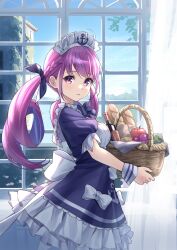 Rule 34 | 1girl, absurdres, ahoge, anchor symbol, basket, blue bow, blue bowtie, blue dress, blue hair, blue ribbon, blush, bottle, bow, bowtie, breasts, colored inner hair, commentary, day, dress, frilled dress, frills, hair ribbon, highres, holding, holding basket, hololive, hololive alternative, indoors, long hair, looking at viewer, looking to the side, maid, maid headdress, medium breasts, minato aqua, minato aqua (1st costume), multicolored hair, onion, parted lips, pink eyes, puffy short sleeves, puffy sleeves, purple hair, ribbon, short sleeves, solo, streaked hair, tsurupy, twintails, two-tone hair, virtual youtuber, window, wrist cuffs