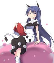 Rule 34 | 1girl, alternate hair length, alternate hairstyle, amashi (qcmrq906), animal ears, bad id, bad pixiv id, black dress, blob, blue eyes, blue hair, blush, commentary request, doremy sweet, dress, feet out of frame, hat, unworn hat, unworn headwear, holding, holding clothes, holding hat, long hair, looking at viewer, multicolored clothes, multicolored dress, parted lips, santa hat, simple background, sitting, smile, socks, solo, tail, tapir ears, tapir tail, touhou, very long hair, white background, white dress, white socks