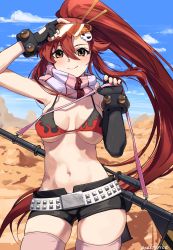 Rule 34 | 1girl, absurdres, arm up, belt, bikini, bikini top only, black gloves, blue sky, blush, breasts, brown eyes, canyon, cleavage, collar, eyewear on head, fingerless gloves, flame print, gloves, gun, gun on back, hair ornament, highres, looking at viewer, medium breasts, meltyrice, navel, outdoors, pink thighhighs, ponytail, red hair, rifle, scarf, short shorts, shorts, skindentation, skull hair ornament, sky, smile, smirk, sniper rifle, solo, studded belt, sunglasses, swimsuit, tengen toppa gurren lagann, thick thighs, thighhighs, thighs, weapon, weapon on back, yoko littner