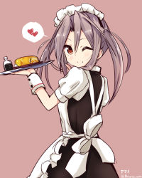 Rule 34 | 10s, 1girl, alternate costume, amano kouki, apron, brown eyes, commentary request, enmaided, food, heart, highres, kantai collection, light brown hair, looking at viewer, maid, maid apron, maid headdress, omelet, one eye closed, pink background, puffy short sleeves, puffy sleeves, short sleeves, signature, simple background, smile, soy sauce, spoken heart, tamagoyaki, twintails, twitter username, zuihou (kancolle)