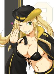Rule 34 | 1girl, azur lane, belt, bikini, bikini top only, black background, black bikini, black coat, black hat, black shorts, black sleeves, blonde hair, breasts, cleavage, coat, collarbone, commentary request, cowboy hat, cutoffs, detached sleeves, fang, front-tie top, green eyes, grin, groin, hand up, hat, heart, highres, hornet (azur lane), large breasts, leaning forward, long hair, looking at viewer, midriff, multicolored background, navel, one eye closed, open hand, shigeru (shigel marv), short shorts, shorts, sidelocks, smile, solo, swimsuit, twintails, upper body, white background, yellow background, yellow belt