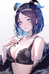 Rule 34 | 1girl, absurdres, bare shoulders, black bra, black nails, blue eyes, blue hair, blush, bra, breasts, cleavage, collarbone, colored inner hair, curled horns, earrings, finger to mouth, fur trim, highres, horn ornament, horns, jewelry, lace, lace-trimmed bra, lace bra, lace trim, looking at viewer, medium breasts, multicolored hair, nail polish, open mouth, original, parted bangs, parted lips, purple hair, short hair, smile, solo, sooon, two-tone hair, underwear