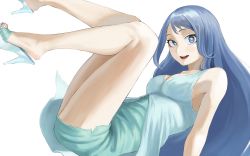 Rule 34 | 1girl, absurdres, blue dress, blue eyes, blue hair, boku no hero academia, breasts, cleavage, collarbone, dress, feet, feet up, fengling (furin-jp), floating, hadou nejire, high heels, highres, large breasts, legs, long hair, looking at viewer, open mouth, simple background, smile, solo, thighs, white background