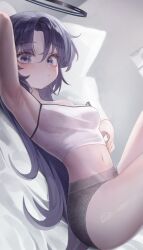 Rule 34 | 1girl, absurdres, arm up, armpits, bed sheet, blue archive, blue hair, blush, breasts, camisole, closed mouth, commentary request, crop top, curtained hair, eyelashes, eyes visible through hair, grey shorts, halo, hand on own stomach, highres, klakmon, knees up, long hair, looking at viewer, looking to the side, lying, mechanical halo, medium breasts, micro shorts, midriff, navel, on bed, parted bangs, pillow, puffy cheeks, puffy cheeks, purple eyes, shorts, sideboob, spaghetti strap, sweat, thighs, white camisole, yuuka (blue archive)