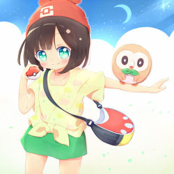 Rule 34 | 1girl, 22m, adapted costume, aqua eyes, arm up, bag, beanie, black hair, blush, child, closed mouth, collarbone, cowboy shot, creatures (company), crescent moon, female focus, flat chest, floral print, game freak, gen 7 pokemon, green skirt, hand up, happy, hat, holding, holding poke ball, looking at viewer, miniskirt, moon, nintendo, outstretched arm, poke ball, poke ball (basic), poke ball symbol, poke ball theme, pokemon, pokemon (creature), pokemon sm, red headwear, rowlet, selene (pokemon), shirt, short hair, short sleeves, skirt, smile, standing, tied shirt, white background, yellow shirt