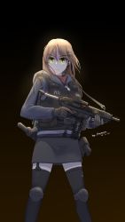 Rule 34 | 1girl, absurdres, blonde hair, chinese commentary, commentary request, earpiece, gloves, green eyes, gun, hair ornament, hairclip, handgun, highres, holding, holding gun, holding weapon, holster, holstered, hood, hoodie, knee pads, load bearing vest, long hair, original, pistol, science fiction, sheath, sheathed, sherman (egnk2525), simple background, solo, submachine gun, thighhighs, trigger discipline, weapon, zettai ryouiki