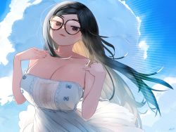 Rule 34 | 1girl, bare shoulders, black-framed eyewear, black hair, blue bow, blue dress, blush, bow, breasts, brown eyes, center frills, cleavage, cloud, collarbone, cowboy shot, dress, dress bow, frilled dress, frills, hands on shoulders, hands up, huge breasts, long hair, looking at viewer, open mouth, original, outdoors, ryusei hashida, sidelocks, signature, sky, solo, straight hair, sunlight, triangle mouth, veins, veiny breasts, very long hair, w arms