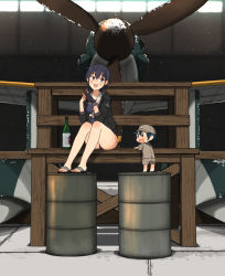 Rule 34 | 2girls, :d, aircraft, airplane, annin musou, asymmetrical hair, black gloves, black hair, blush, bottle, brown eyes, character name, clothes writing, drum (container), fairy (kancolle), gloves, hair between eyes, i-14 (kancolle), kantai collection, long sleeves, mini person, minigirl, multiple girls, open mouth, partially fingerless gloves, sailor collar, sake bottle, short hair, single glove, slippers, smile, white sailor collar