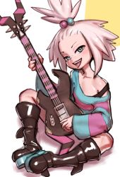 Rule 34 | 1girl, bass guitar, blublush, blue eyes, boots, creatures (company), dress, dress slip, forehead, freckles, game freak, guitar, hair bobbles, hair ornament, highres, instrument, looking at viewer, nintendo, oversized clothes, pokemon, pokemon bw2, roxie (pokemon), solo, strapless, strapless dress, tongue, tongue out, topknot, white hair