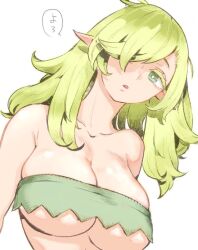 Rule 34 | 1girl, bandeau, bare shoulders, breasts, collarbone, commentary request, elf, expressionless, green eyes, green hair, hair over one eye, large breasts, long hair, looking at viewer, nishi yoshiyuki, original, parted lips, pointy ears, simple background, solo, upper body, white background
