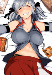 Rule 34 | 1girl, bag of chips, breasts, detached sleeves, girls&#039; frontline, grin, keshin, large breasts, lying, medium hair, navel, on back, on bed, partially undressed, red eyes, silver hair, smile, snack, solo, spas-12 (girls&#039; frontline), twintails