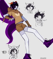Rule 34 | 1boy, absurdres, animal ears, aquarium, black hair, blood, butterfly wings, chibi, chibi inset, colored blood, colored sclera, colored skin, duck hood, eridan ampora, fins, glasses, gloves, grey skin, hair between eyes, head fins, highres, holding, homestuck, hood, hood down, horns, iina934, insect wings, looking at viewer, magic, nail polish, open mouth, purple blood, purple footwear, purple nails, purple wings, scarf, shirt, shoes, short hair, shorts, smile, sneakers, sollux captor, tongue, tongue out, troll (homestuck), twitter username, wand, white background, white legwear, wings