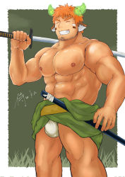 Rule 34 | 1boy, :d, abs, absurdres, alternate costume, alternate facial hair, animal ears, bara, beard, brown hair, bulge, clothes down, cow boy, cow ears, cow horns, dark-skinned male, dark skin, facial hair, feet out of frame, fiery horns, forked eyebrows, fundoshi, glowing horns, green kimono, highres, holding, holding sword, holding weapon, horns, japanese clothes, katana, kimono, large pectorals, male focus, male underwear, male underwear peek, muscular, muscular male, nipples, aged up, open mouth, over shoulder, pectorals, short hair, smile, solo, spiked hair, stomach, sword, sword over shoulder, tatatan (ts kon2), thick eyebrows, tokyo houkago summoners, topless male, underwear, unsheathed, wakan tanka, weapon, weapon over shoulder