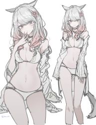 Rule 34 | 1girl, animal ears, warrior of light (ff14), bikini, black choker, blush, breasts, choker, cleavage, commentary request, facial mark, final fantasy, final fantasy xiv, flower, grey hair, hair flower, hair ornament, highres, inu nu, jewelry, long hair, long sleeves, looking at viewer, medium breasts, miqo&#039;te, multicolored hair, multiple views, nail polish, necklace, off shoulder, open clothes, pink hair, purple eyes, purple flower, simple background, swimsuit, tail, twitter username, whisker markings, white background, white bikini