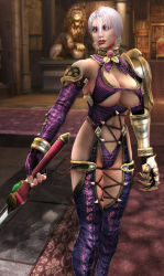 Rule 34 | 1girl, 3d, armor, breasts, cleavage, earrings, female focus, game cg, gauntlets, gloves, hair over one eye, holding, huge breasts, indoors, isabella valentine, jewelry, large breasts, leather, lipstick, makeup, namco, official art, short hair, solo, soul calibur, soulcalibur, soulcalibur iv, standing, underboob, weapon, whip sword, white hair