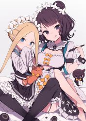 Rule 34 | 2girls, abigail williams (fate), abigail williams (festival outfit) (fate), alternate costume, apron, black legwear, black skirt, blonde hair, blue eyes, blush, bow, bowtie, breasts, closed mouth, covering own mouth, dress, enmaided, fate/grand order, fate (series), forehead, formal, gamuo, garter straps, hair bun, heroic spirit chaldea park outfit, highres, holding, holding stuffed toy, katsushika hokusai (fate), katsushika hokusai (festival outfit) (fate), licking lips, long hair, long sleeves, looking at viewer, maid, maid headdress, medium breasts, multiple girls, octopus, official alternate costume, orange bow, parted bangs, pen, purple eyes, purple hair, sash, short hair, simple background, single hair bun, sitting, skirt, sleeves past fingers, sleeves past wrists, small breasts, smile, stuffed animal, stuffed toy, suit, swept bangs, teddy bear, thighhighs, thighs, tokitarou (fate), tongue, tongue out, white background, white dress