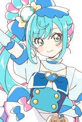 Rule 34 | 1girl, blue hair, blush stickers, cure spicy, delicious party precure, fuwa kokone, green eyes, highres, light blue hair, looking at viewer, namori, pam-pam (precure), precure, simple background, smile, upper body, white background