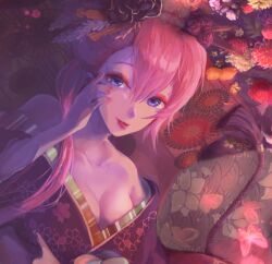 Rule 34 | 1girl, alternate costume, blue eyes, bug, cosplay, flower, hair flower, hair ornament, japanese clothes, lipstick, long hair, lying, makeup, maria (garnidelia), megurine luka, on back, pink hair, smile, solo, song request, takami claire, vocaloid