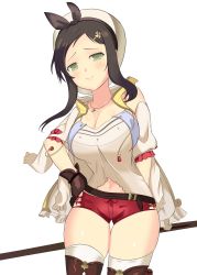 Rule 34 | 1girl, absurdres, atelier (series), atelier ryza, blush, boots, breasts, brown hair, cleavage, cosplay, green eyes, highres, large breasts, long hair, midriff, murakumo (senran kagura), navel, reisalin stout, reisalin stout (cosplay), senran kagura, short shorts, shorts, solo, tagme, thick thighs, thigh boots, thighhighs, thighs
