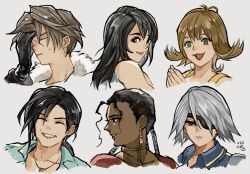 Rule 34 | 3boys, 3girls, artist name, black gloves, black hair, black jacket, blue shirt, brown eyes, brown hair, closed eyes, collared shirt, curly hair, dangle earrings, dark-skinned male, dark skin, earrings, eyepatch, final fantasy, final fantasy viii, fur-trimmed jacket, fur trim, fuujin (ff8), gloves, green eyes, grey hair, grin, hair between eyes, hand on own face, highres, jacket, jewelry, kiros seagill, laguna loire, long hair, long sleeves, low ponytail, multiple boys, multiple girls, one eye covered, open mouth, orange overalls, overalls, own hands together, parted bangs, parted lips, portrait, red shirt, rinoa heartilly, scar, scar on face, scar on forehead, selphie tilmitt, shirt, short hair, smile, squall leonhart, sweatdrop, teeth, uzutanco, white background, white fur