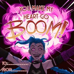 Rule 34 | 1girl, arcane: league of legends, arcane jinx, arms up, astrodid, asymmetrical bangs, bare shoulders, blue hair, blush, braid, brown choker, choker, cloud tattoo, collarbone, english text, explosion, fang, heart, highres, jinx (league of legends), league of legends, long hair, looking at viewer, open mouth, pink eyes, second-party source, smile, solo, tattoo, teeth, twin braids, valentine