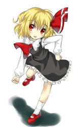 Rule 34 | 1girl, :p, blonde hair, embodiment of scarlet devil, female focus, full body, hair ribbon, hand on own hip, hip focus, red eyes, ribbon, rumia, skirt, solo, takehito, tongue, tongue out, touhou, white background