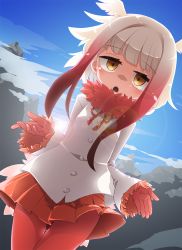 Rule 34 | 10s, 1girl, akaino (akaomi), blunt bangs, dutch angle, gloves, head wings, japanese crested ibis (kemono friends), kemono friends, long hair, long sleeves, looking at viewer, multicolored hair, pantyhose, pleated skirt, red gloves, red hair, red pantyhose, shirt, sidelocks, skirt, solo, two-tone hair, white hair, white shirt, wings, yellow eyes