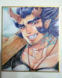 Rule 34 | 1boy, alternate costume, bara, blue hair, broken horn, dark blue hair, demon boy, demon horns, facial hair, fang, fiery horns, highres, horns, long sideburns, male focus, mature male, momo (redcomet1104), muscular, muscular male, pectoral cleavage, pectorals, portrait, scar, scar on neck, shirt, short hair, sideburns, solo, stubble, takemaru (housamo), thick eyebrows, tight clothes, tight shirt, tokyo houkago summoners, traditional media, upper body