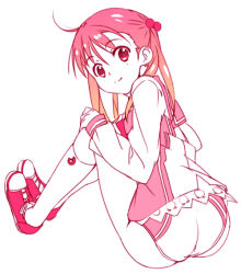 Rule 34 | 1girl, ahoge, ass, full body, hair bobbles, hair ornament, hand on own knee, isshiki momo, kneehighs, long hair, looking at viewer, mizuki makoto, monochrome, pink theme, school uniform, shoes, short shorts, shorts, simple background, sitting, sleeves past wrists, sneakers, socks, solo, vividred operation