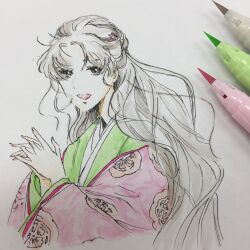 Rule 34 | 1girl, :d, absurdres, asebi (yatagarasu series), floral print, flower, hair flower, hair ornament, highres, japanese clothes, karasu wa aruji wo erabanai, kimono, layered clothes, layered kimono, long hair, looking at viewer, naouta, open mouth, own hands together, smile, traditional media, upper body, watercolor pencil (medium), wide sleeves