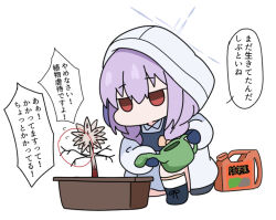 Rule 34 | 1girl, atsuko (blue archive), black footwear, blue archive, blue halo, boots, bow, braid, hair bow, halo, holding, holding watering can, hood, hood up, hooded jacket, jacket, long hair, long sleeves, nyaru (nyaru 4126), orange bow, plant, potted plant, purple hair, red eyes, simple background, solo, speech bubble, translation request, twin braids, watering can, white background, white jacket