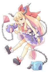 Rule 34 | 1girl, arnest, ascot, ball, blonde hair, blue skirt, blush, bow, chain, chinese commentary, commentary, cube, cuffs, footwear bow, full body, gourd, highres, holding, horn ornament, horn ribbon, horns, ibuki suika, long hair, low-tied long hair, nose blush, open mouth, pyramid (geometry), red ascot, ribbon, shirt, simple background, skirt, sleeveless, sleeveless shirt, solo, torn clothes, torn sleeves, touhou, very long hair, white background, white shirt, yellow eyes