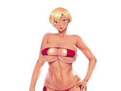 Rule 34 | 1girl, bare arms, bare legs, bare shoulders, bikini, blonde hair, blush, breasts, breasts squeezed together, closed mouth, covered erect nipples, cowboy shot, eyepatch bikini, game cg, hand on own hip, huge breasts, impossible clothes, koda diana, lips, lipstick, looking at viewer, makeup, navel, oh yes! kasshoku bitch hitozuma no seiyoku kaishou: kondo wa umi de sex lesson!?, oohara kyuutarou, pink eyes, red bikini, red lips, shiny skin, short hair, smile, solo, standing, swimsuit, thick eyebrows, thong, transparent background, upper body