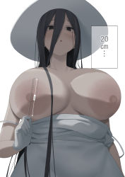 Rule 34 | 1girl, absurdres, areola measuring, aumann, black eyes, black hair, breasts, clothes pull, dress, dress pull, from below, hair between eyes, hasshaku-sama, hat, highres, holding ruler, huge breasts, large areolae, long hair, long hair between eyes, nipples, original, pale skin, parted lips, ruler, solo, sun hat, upper body, white dress, white hat