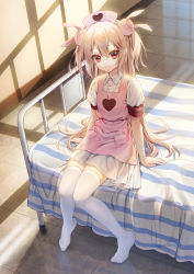 Rule 34 | 1girl, apron, arm support, armband, bad id, bad pixiv id, bandaged arm, bandages, bed, closed mouth, collared shirt, commentary request, day, dress shirt, feet, hair between eyes, hair ornament, haneru, hat, head tilt, heart, indoors, light brown hair, light smile, long hair, looking at viewer, natori sana, no shoes, nurse cap, on bed, pink apron, pink hat, pleated skirt, puffy short sleeves, puffy sleeves, rabbit hair ornament, red eyes, sana channel, shirt, short sleeves, sitting, skirt, solo, sunlight, thighhighs, tile floor, tiles, two side up, very long hair, virtual youtuber, white shirt, white skirt, white thighhighs