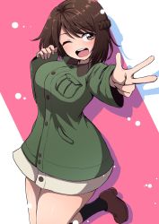 Rule 34 | 1girl, braid, breast pocket, breasts, brown eyes, brown footwear, brown hair, crown braid, green jacket, highres, jacket, large breasts, liar lawyer, luminous witches, medium breasts, pocket, round teeth, shibuya inori, sleeves past wrists, solo, strike witches, teeth, tongue, tongue out, upper teeth only, v, world witches series