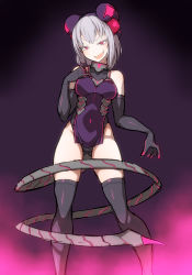 Rule 34 | 1girl, bare shoulders, black gloves, black thighhighs, elbow gloves, emile (koala), gloves, grey hair, hand on own chest, headgear, ken (koala), legs, leotard, mechanical tail, nail polish, neon trim, original, pink eyes, pink nails, scorpion tail, smile, solo, tail, thighhighs, thighs