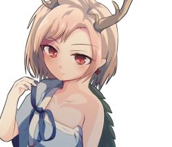 Rule 34 | 1girl, antlers, blonde hair, blue shirt, blush, closed mouth, collarbone, dragon horns, earrings, hansode32, highres, horns, jewelry, kicchou yachie, red eyes, shirt, short hair, short sleeves, simple background, smile, solo, touhou, upper body, white background, yellow horns