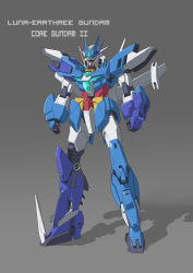 Rule 34 | absurdres, aqua eyes, character name, clenched hands, clotho matcha, commentary, earthree gundam, english commentary, gundam, gundam build divers, gundam build divers re:rise, gunpla, highres, mecha, model kit, no humans, original, redesign, robot, solo, standing, v-fin
