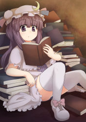 Rule 34 | 1girl, bad id, bad pixiv id, book, bow, crescent, dress, female focus, hat, highres, holding, holding book, long hair, mesou-san, open book, open mouth, panties, patchouli knowledge, purple eyes, purple hair, ribbon, sitting, solo, thighhighs, touhou, underwear, white panties, white thighhighs