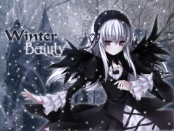 Rule 34 | 1girl, artist request, black dress, black hairband, black wings, brown eyes, dress, english text, grey hair, grin, hairband, highres, lolita hairband, long sleeves, rozen maiden, sidelocks, smile, solo, suigintou, wings, winter