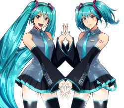 Rule 34 | 2girls, :d, alternate hairstyle, aqua hair, bad id, bad pixiv id, cowboy shot, detached sleeves, dual persona, holding hands, hatsune miku, headphones, kanata (loser51), long hair, looking at viewer, multiple girls, nail polish, necktie, open mouth, short hair, short twintails, skirt, smile, symmetry, thighhighs, twintails, very long hair, vocaloid, white background