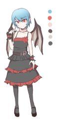 Rule 34 | 1girl, alternate costume, bat wings, belt, blue hair, blush, boutonniere, character sheet, color guide, dress, flat chest, full body, kuroba rapid, boutonniere, looking at viewer, mary janes, pantyhose, pointy ears, red eyes, remilia scarlet, shoes, short hair, smile, solo, touhou, very short hair, wings, wrist cuffs